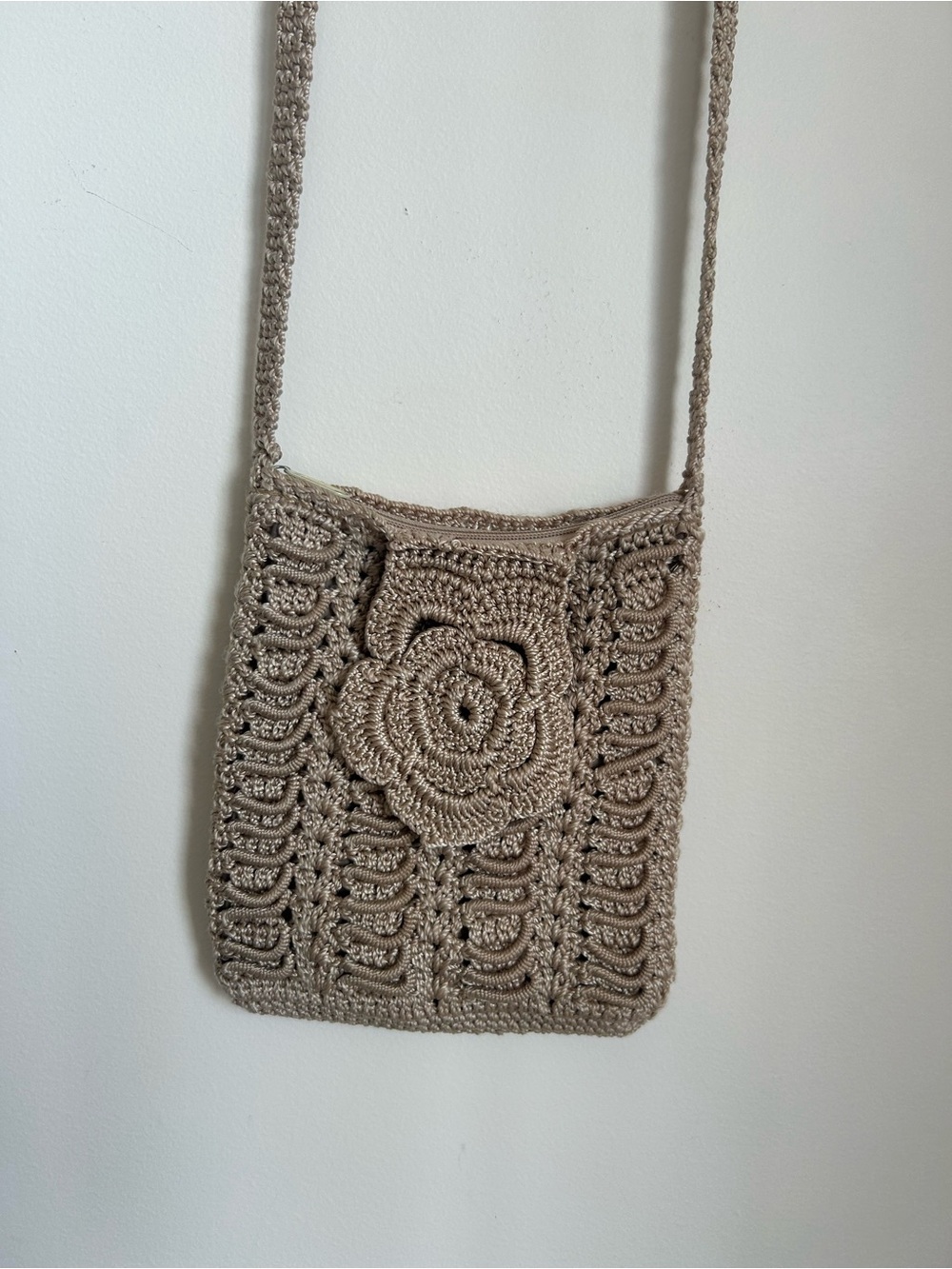 Handmade Crochet Crossbody Bag in Taupe